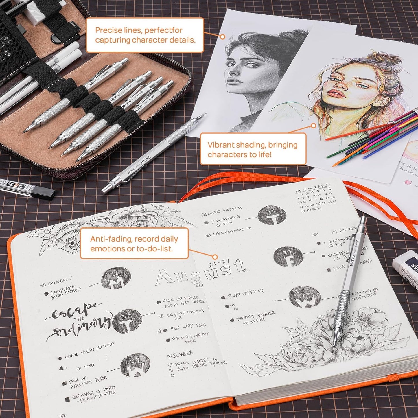 Nicpro 30PCS Silver Metal Mechanical Pencils Set in Leather Case, Art Drafting Pencil 0.5, 0.7, 0.9 mm, 2mm Lead Pencil Holder for Sketching Drawing With 16 Tube (6B 4B 2B HB 2H 4H Colors)Lead Refill