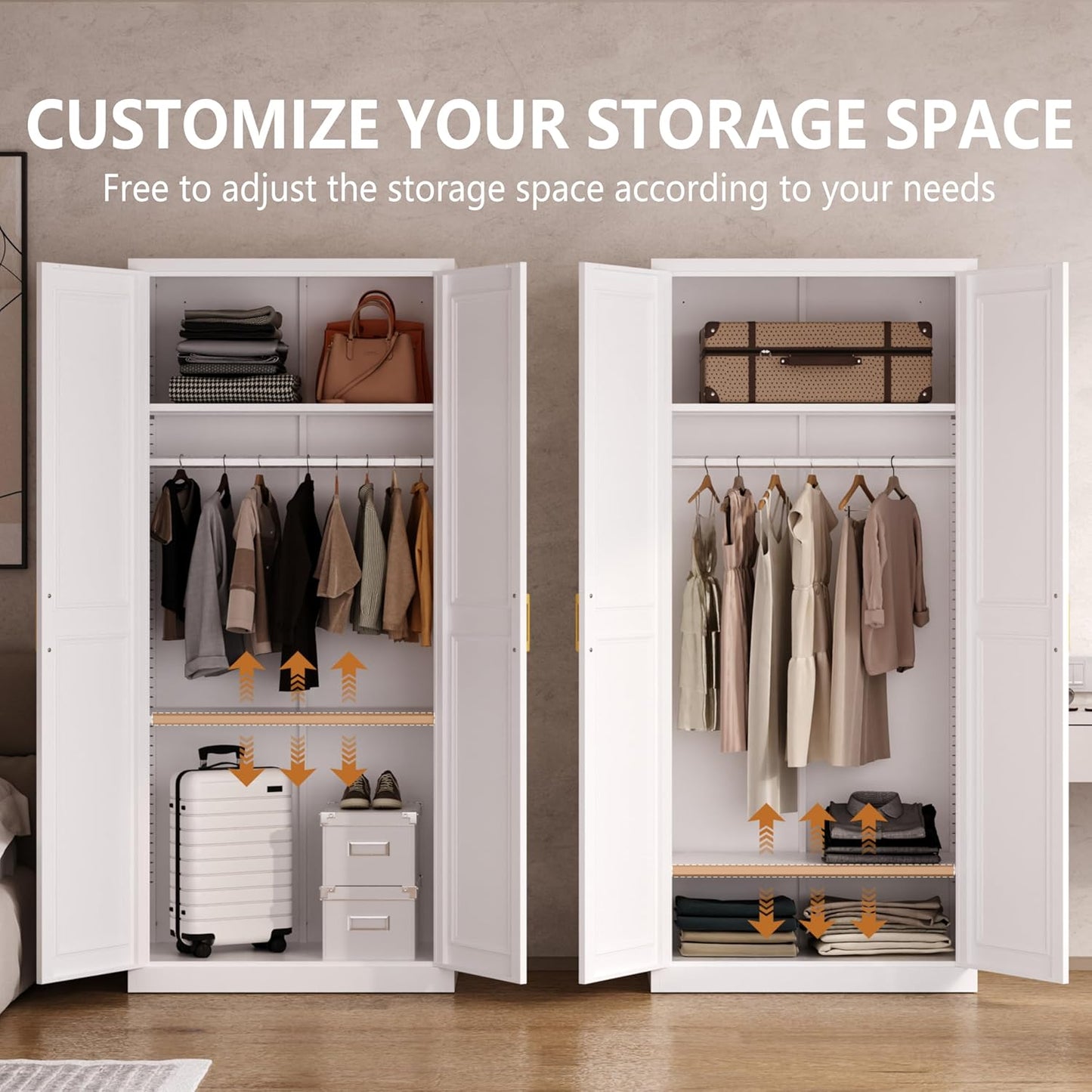 Metal Armoire Wardrobe Closet with Doors and Shelves, 71" Tall Freestanding Wardrobe Cabinet for Hanging Clothes, Large Closet with Hanging Rod for Bedroom, White, Assemble Required