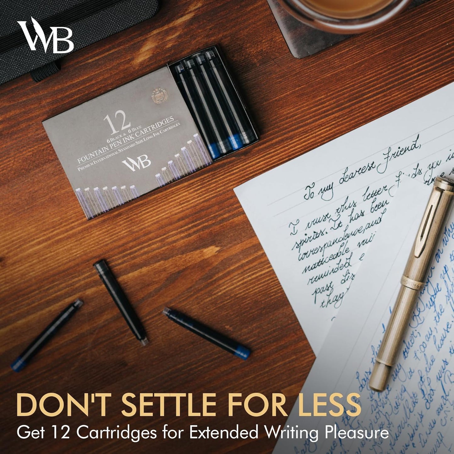 Wordsworth & Black 12 Pack Fountain Pen Ink Refills - Set of 6 Black - 6 Blue Ink Cartridges - International Standard Size - Length APPR 1.5" - Base Diameter APPR 0.24" - Disposable and Generic