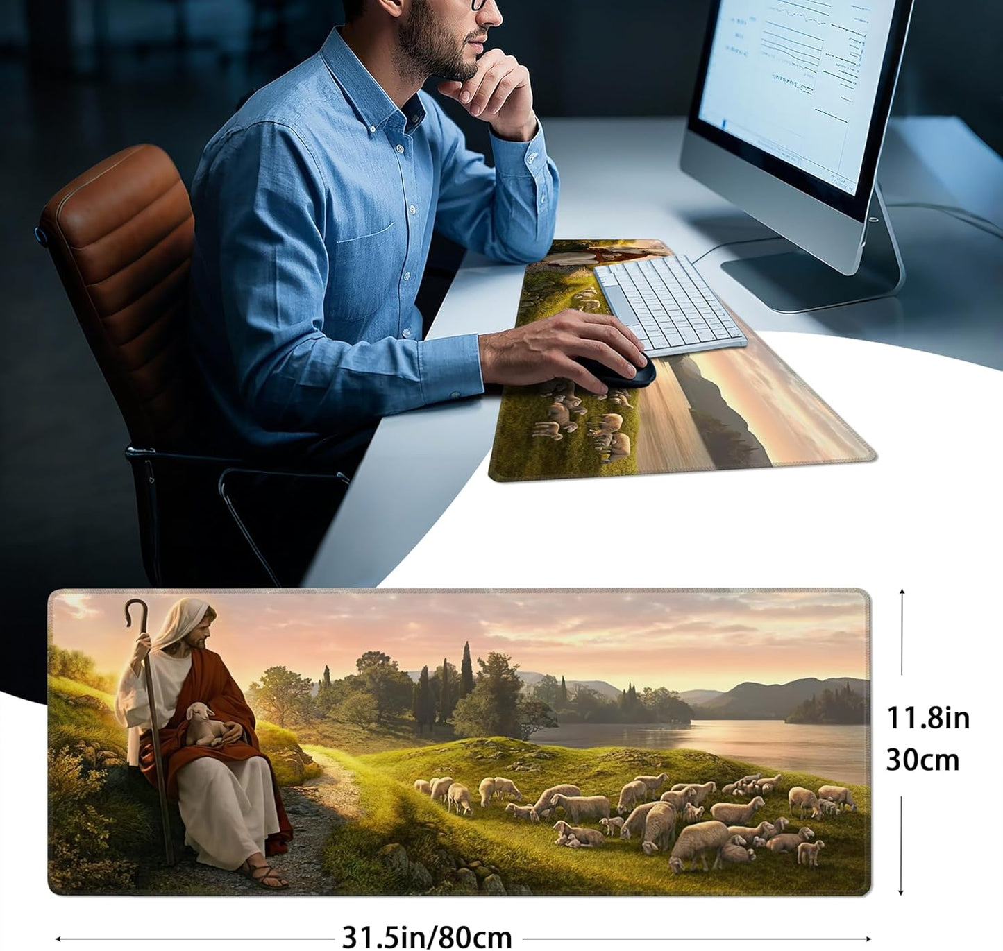 Mouse Pad with Jesus Christ Shepherd – Religious God Desk Pad – Portable Computer Mousepad – Gaming, Office, Waterproof, Non-Slip, Stitched Edges 31.5 x 11.8inches x 3mm