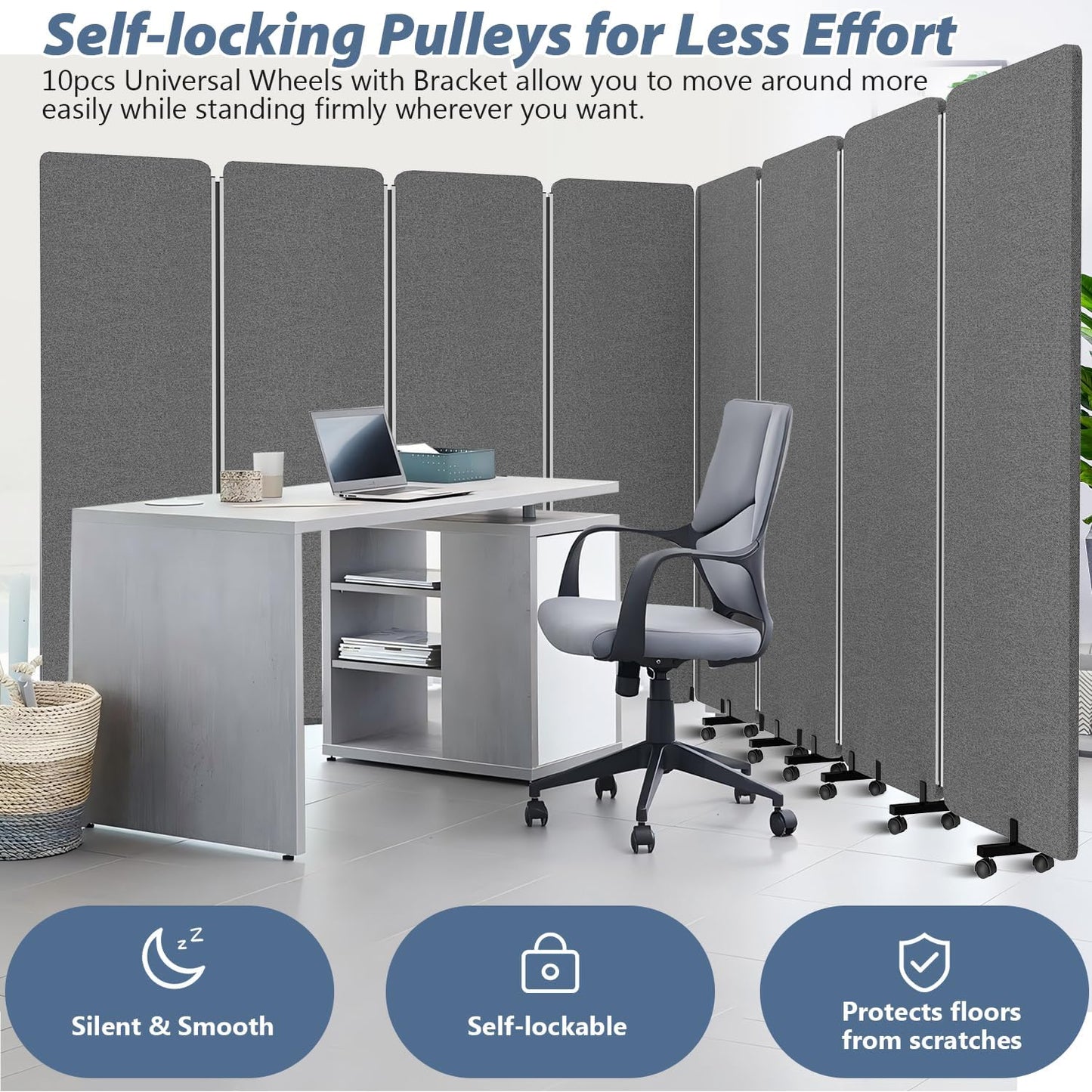 Acoustic Room Divider Privacy Panel with Wheels, 4 Panel Soundproof Room Divider (Aluminum Frame) for Room Partition, Folding Room Dividers Separation Office Cubicle Wall Sound Proof Partition Divider