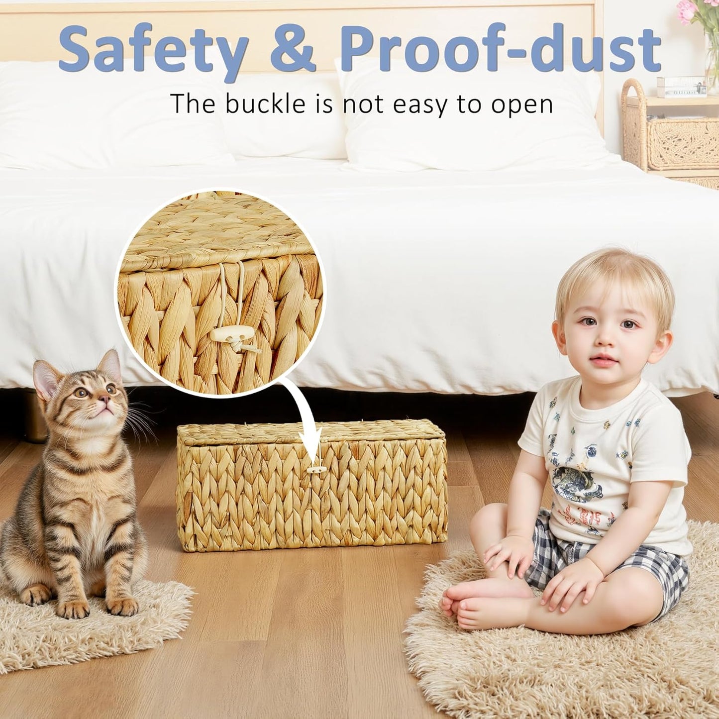 efluky Hand-Woven Cable Management Box with Lid, Water Hyacinth Cord Organizer Box to USB Wire, Power Strip & Charger, 2 Open Slots Cable Box for TV Table, Office Desk & Floor, Natural