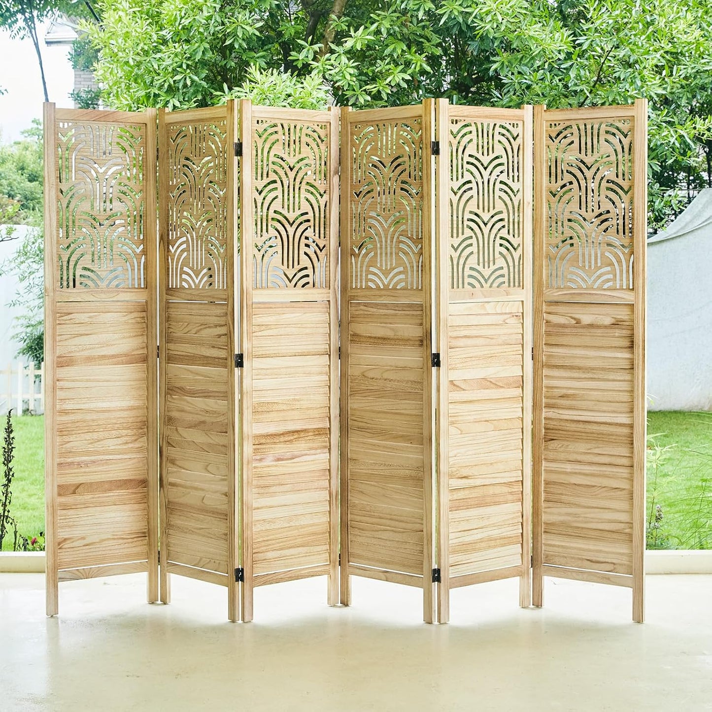 Folding Room Divider, 66.9 Inch 6 Panels Wood Carved Privacy Screens, Free Assembled Freestanding Portable Separation Wall for Home Office Bedroom (Natural)