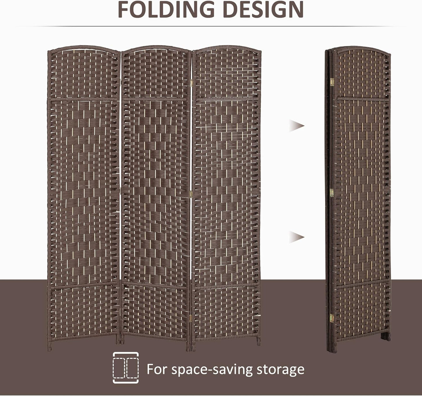 HOMCOM 3 Panel Room Divider, 6' Tall Folding Privacy Screen, Hand-Woven Freestanding Wall Partition for Home Office, Bedroom, Brown