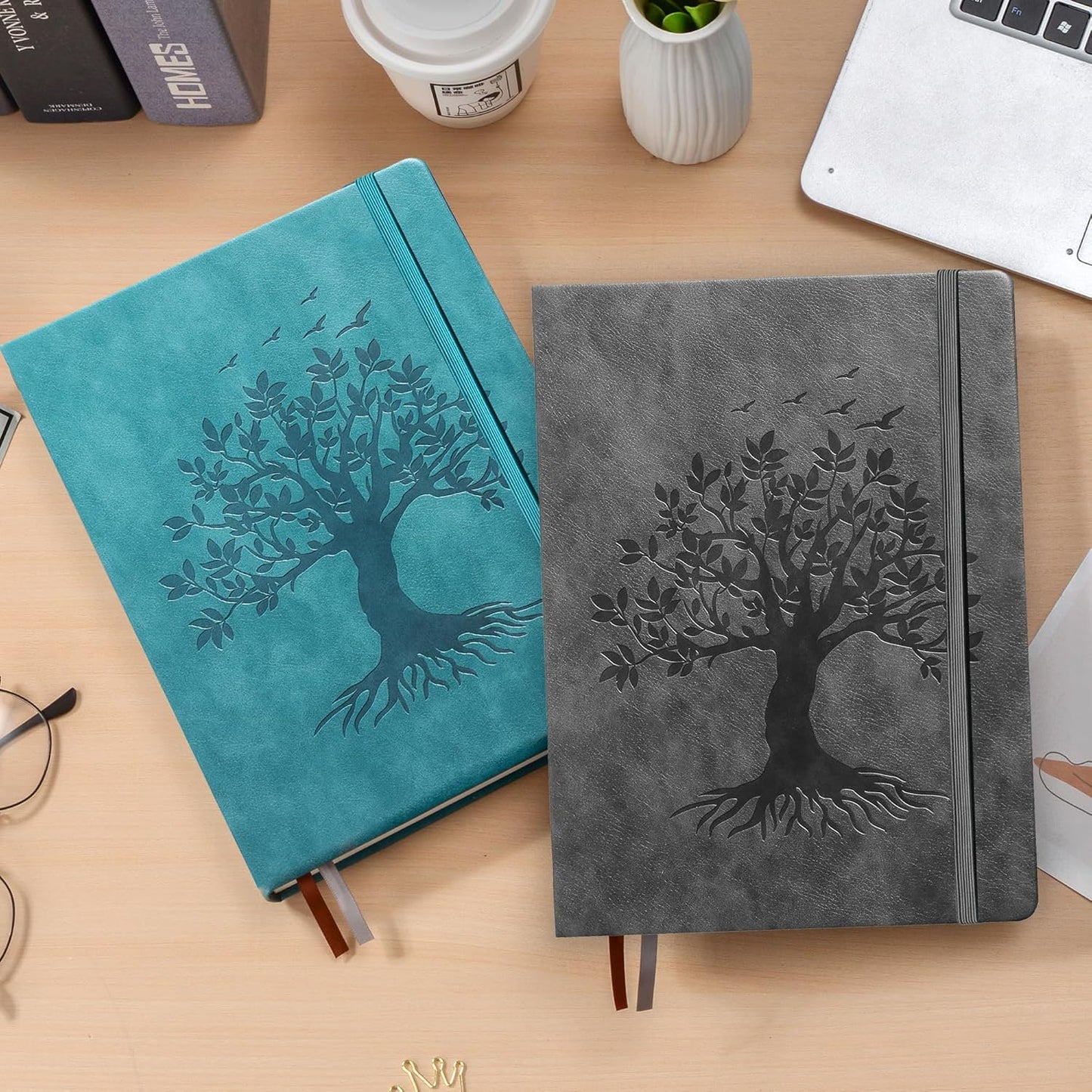 ZXHQ A5 Bullet Dotted Journal Notebook - 150gsm Thick Paper, 256 Pages, Dot Grid Hardcover, Tree of Life Design, Fine Inner Pocket - 5.9" × 8.5" Dark Grey
