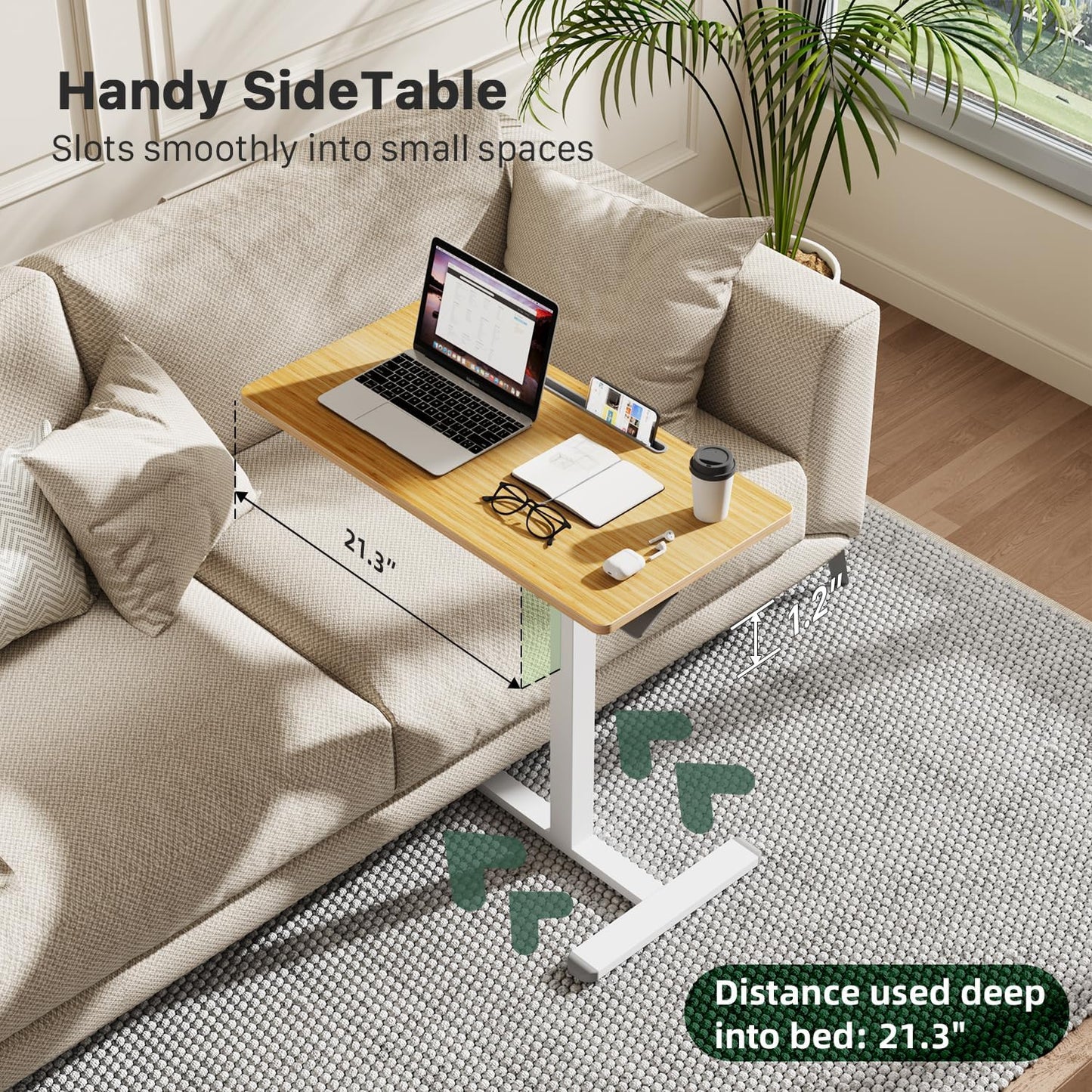 Mobile Standing Desk, Pneumatic Adjustable Rolling Desk(31.5 Inches), Portable Laptop Desk with Wheels, Overbed Bedside Table Laptop Table for Couch, Home, Office, Oak