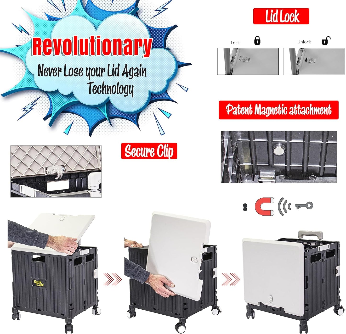 dbest products Quik Cart Swing Lid Four Swivel Wheeled Rolling Crate Teacher Utility with seat Heavy Duty Collapsible Basket with Dual Telescopic Wagon Handle