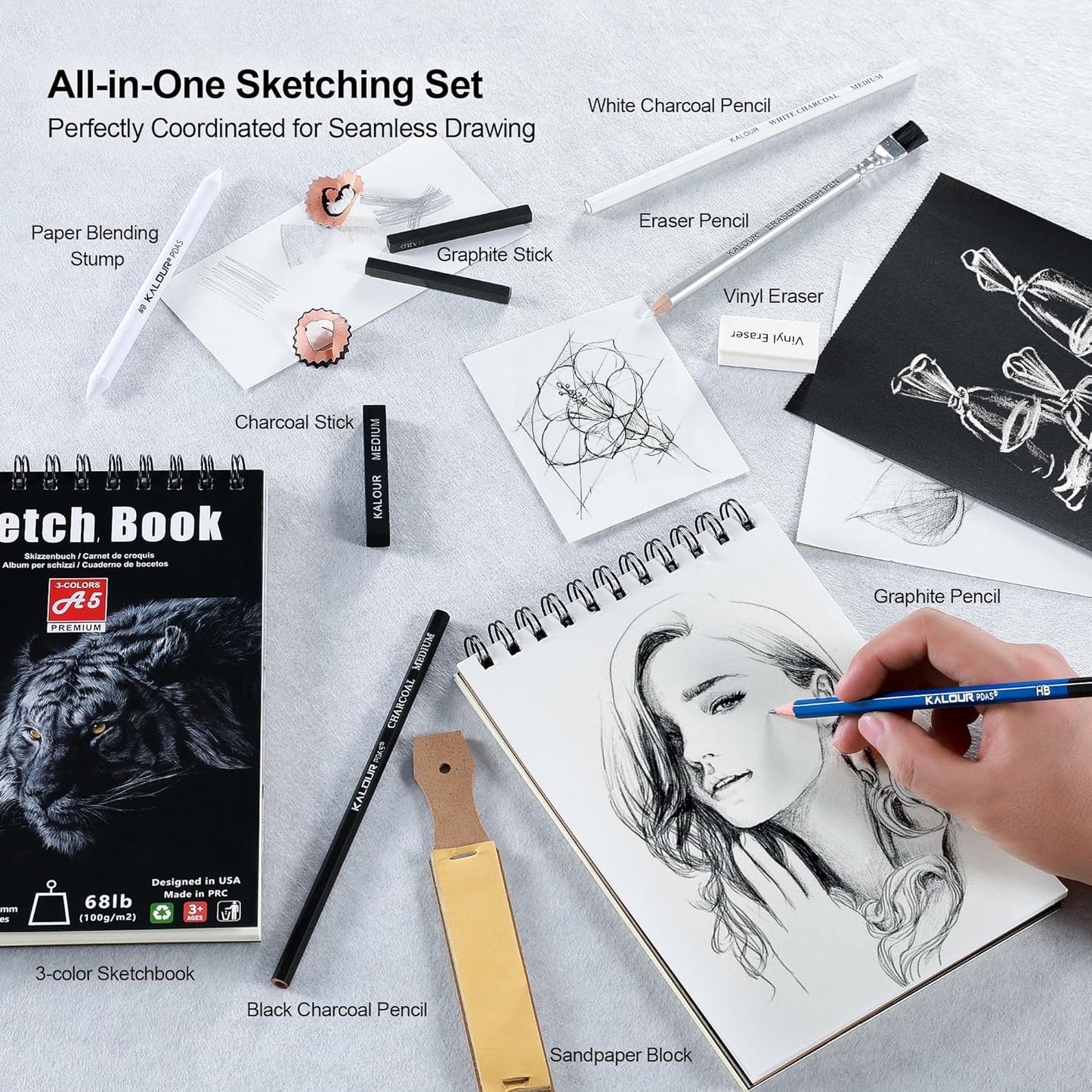 KALOUR 95-Piece Sketching and Drawing Art Set with 3-color Sketch Book and Pastel Paper – Graphite, Charcoal, and Pastel Pencils – Complete Artist Kit for Beginners and Professionals