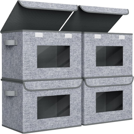 Univivi Fabric Foldable Storage Boxes [4-Pack] Large Collapsible Stackable Storage Bins with Lids, Closet Organizers and Storage Cube Basket for Home, Office, Bedroom (Grey, 17'' x 12'' x 12")