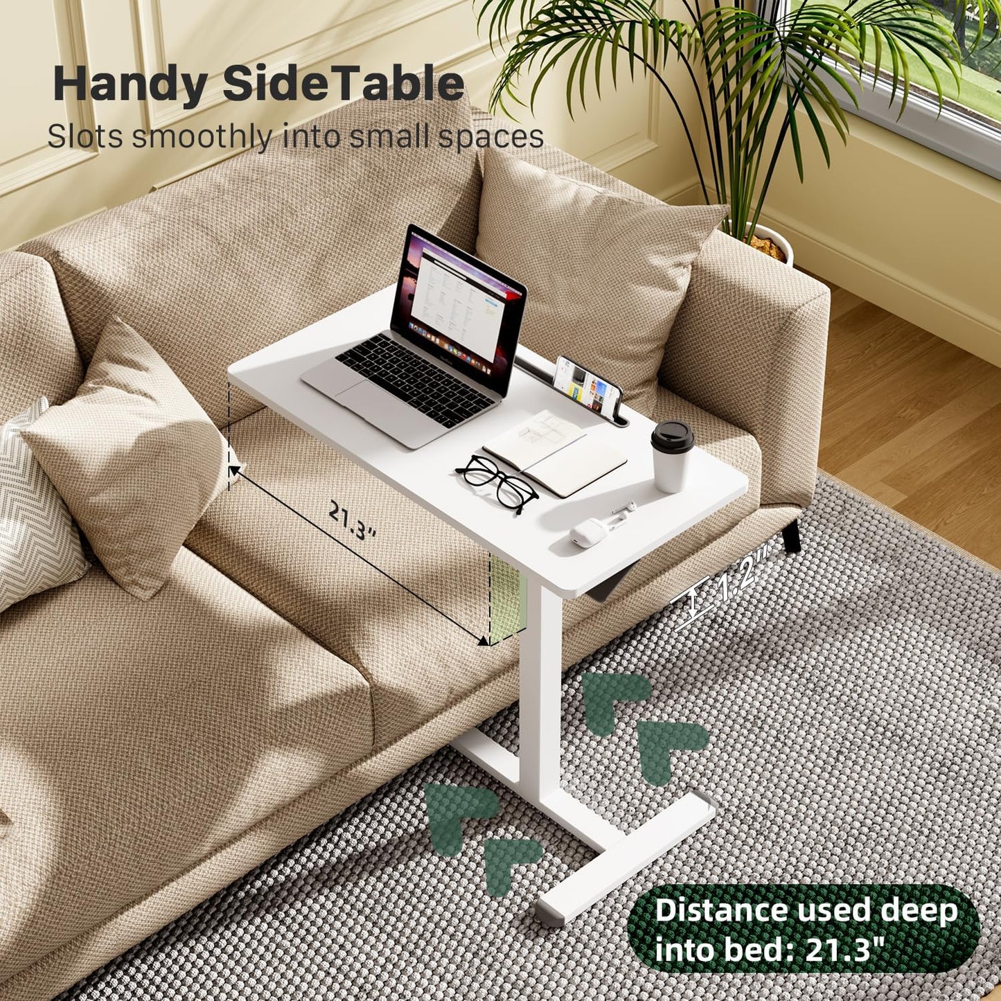 Mobile Standing Desk, Pneumatic Adjustable Rolling Desk(31.5 Inches), Portable Laptop Desk with Wheels, Overbed Bedside Table Laptop Table for Couch, Home, Office, White