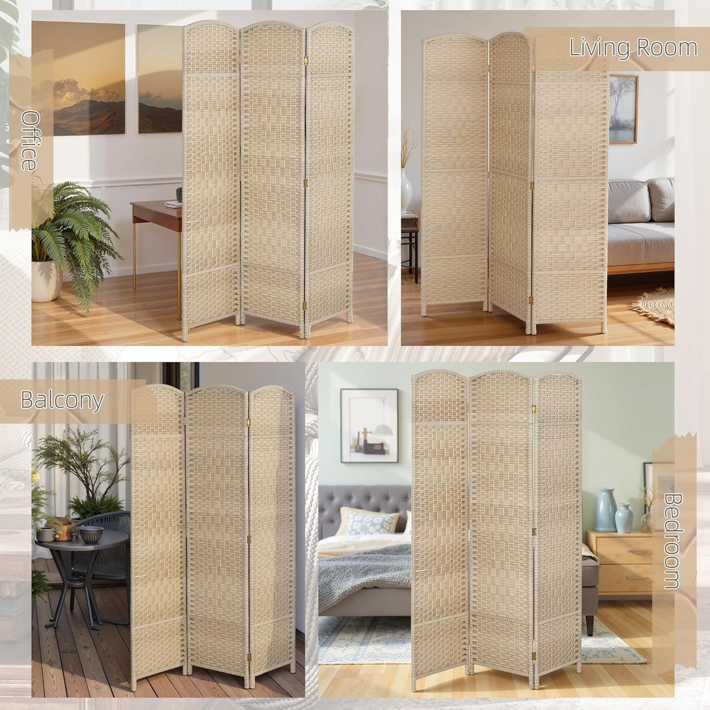 HOMCOM 3 Panel Room Divider, 6' Tall Folding Privacy Screen, Hand-Woven Freestanding Wall Partition for Home Office, Bedroom, Washed Oak
