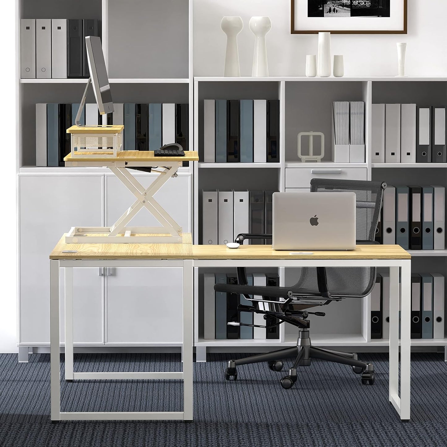 SHW 36-Inch Over Desk Height Adjustable Standing Desk with Monitor Riser, Oak