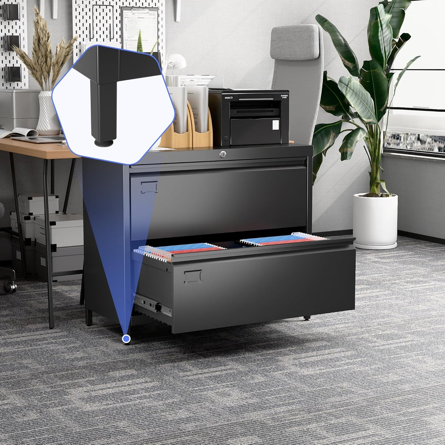 Metal 2 Drawer Lateral File Cabinet with Lock & Adjustable Feet - Wide Filing Cabinet for Letter/Legal/F4/A4 Hanging Files - Includes Business Card Holder,Home Office School Storage,Black