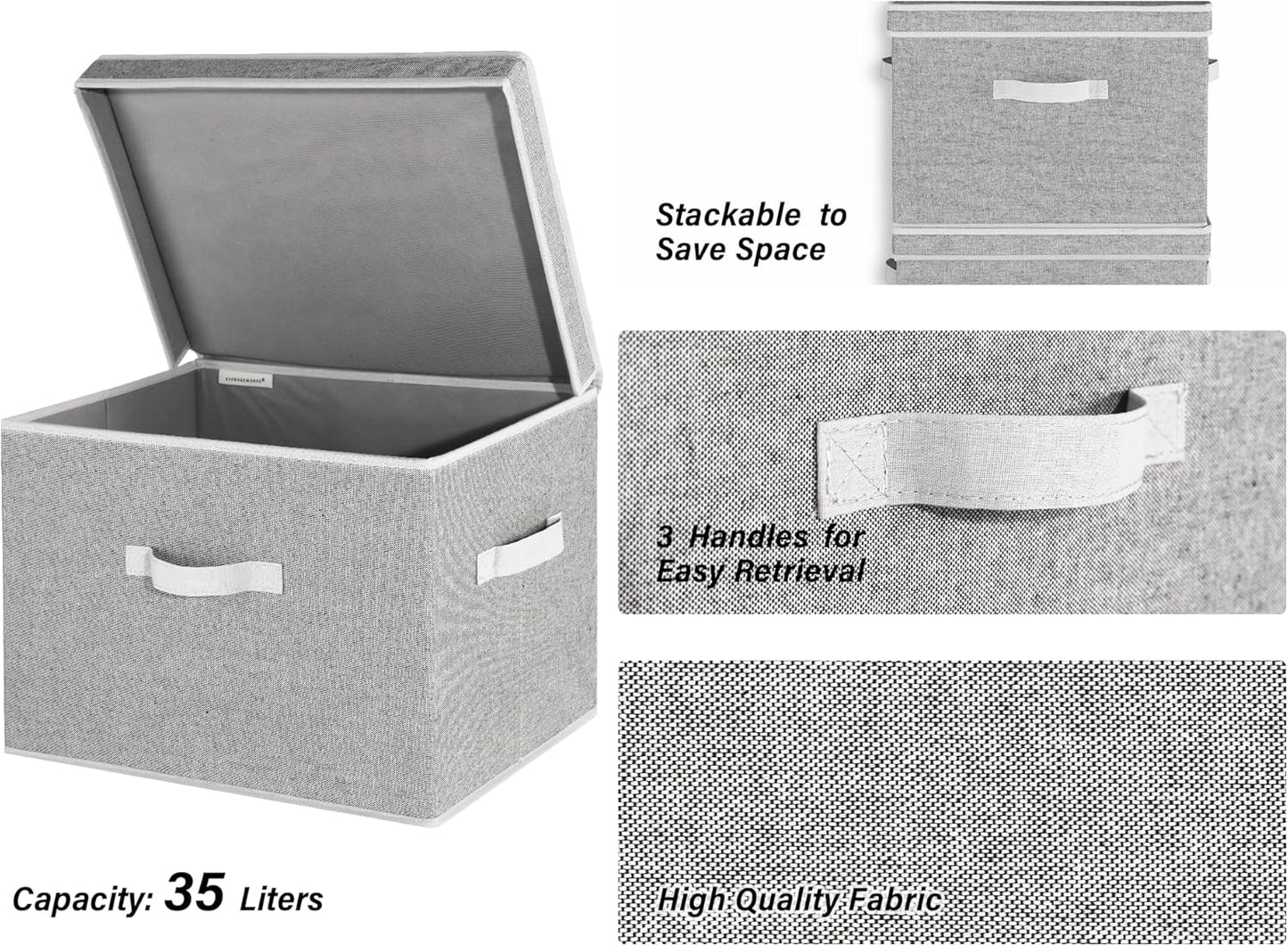 StorageWorks Fabric Storage Bins with Lid, Decorative Storage Boxes for Shelves, Stackable Closet Organizer Basket with Handles, Jumbo, Gray, 2-Pack
