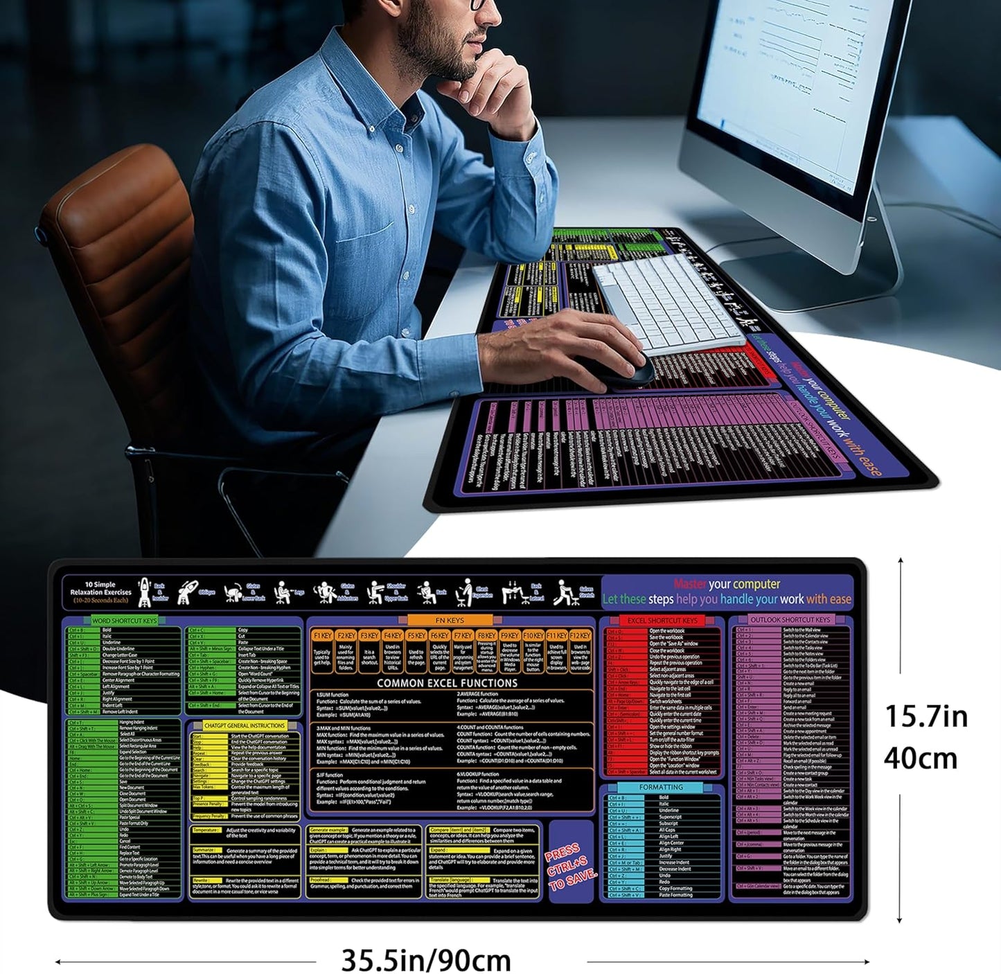 Mouse Pad with Excel, Word, Shortcuts – Excel Cheat Sheet Desk Pad – Portable Computer Mousepad – Gaming, Office, Waterproof, Non-Slip, Stitched Edges 35.5 x 15.7inches x 3mm