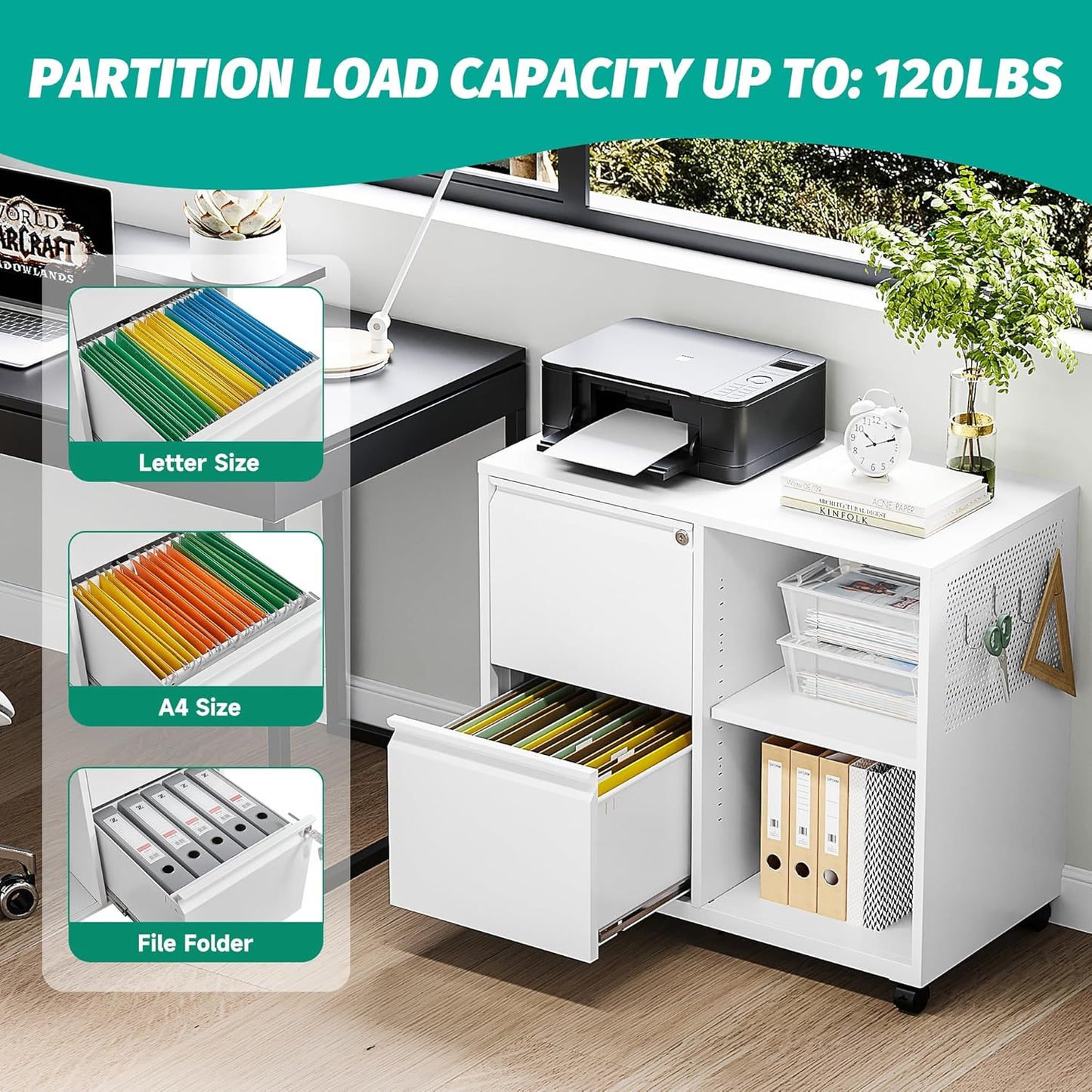 SISESOL 2 Drawer File Cabinet with Lock and Shelf,Mobile Lateral Filing Cabinet,Metal File Organizer Cabinet with Open Storage Shelves for Home Office Fit Legal/Letter A4 Size