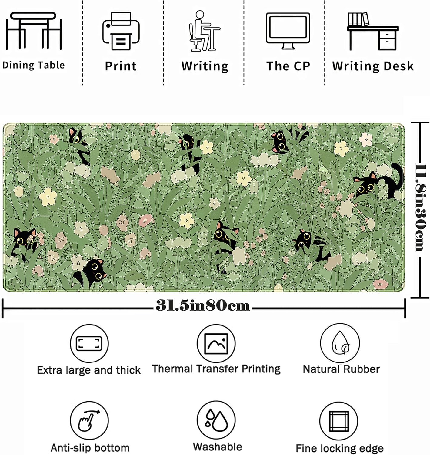 Cute Green Leaves Pink Flowers Mouse Pad Desk Pad Kawaii Anime Cat Desktop Protector Decor Desk Mat, XL Large Gaming Mousepad for Girl Women Laptop Computer Keyboard and Mouse Mat 31.5x11.8 in