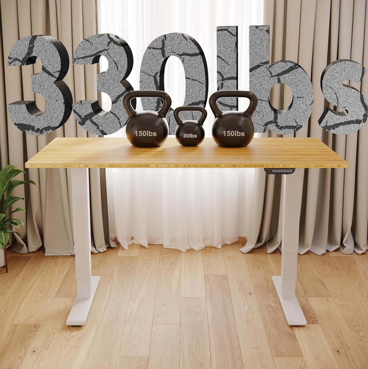 FLEXISPOT E6 MAX Bamboo Dual Motor 3 Stages Standing Desk 60x30 Inch Whole-Piece Board Electric Height Adjustable Stand Up Desk 150KG Load Capacity(White Frame + Bamboo Desktop)