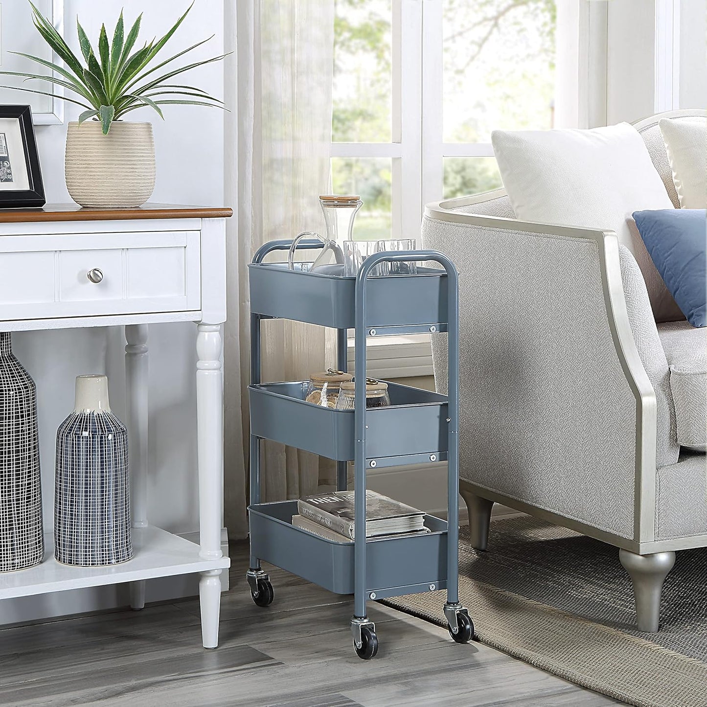SunnyPoint 3-Tier Delicate Compact Rolling Metal Storage Organizer - Mobile Utility Cart Kitchen/Under Desk Cart with Caster Wheels - Blue (15.35" X 10.24" X 26.8"H)