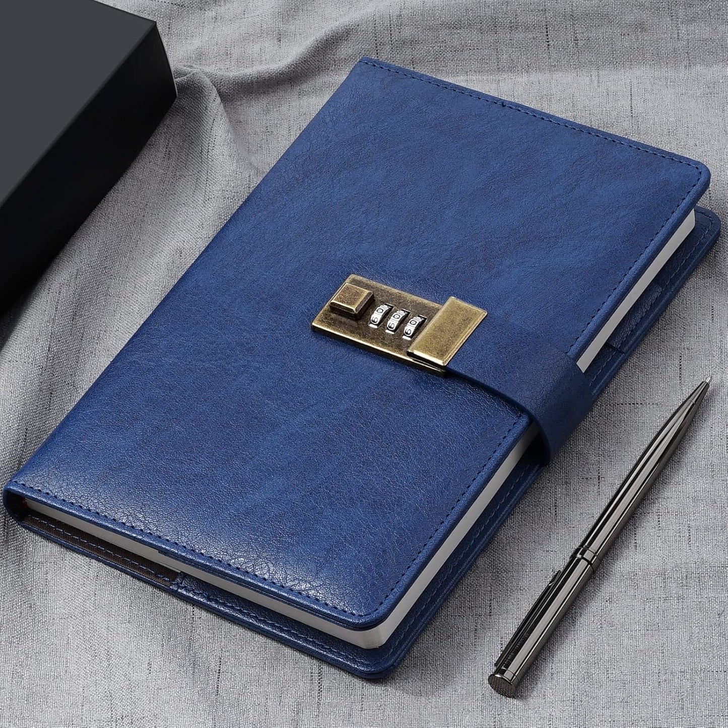 WEMATE Diary with Lock, A5 PU Leather Journal with Lock 240 Pages, Vintage Locks Journal Password Notebook with Pen, Locks Diary Planner Organizer for Men and Women, 8.6x5.8in Blue