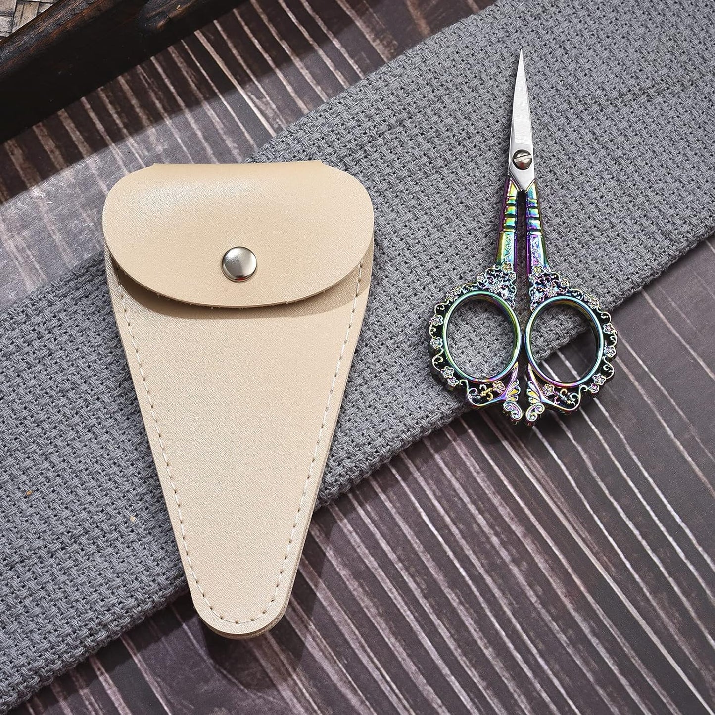 Embroidery Scissors, 4.5in Small Sharp Pointed Tip Vintage Detail Shears with Sheath for Craft, Sewing, Thread Cutting, Artwork, Needlework Rainbow