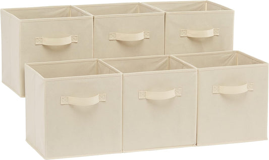 Amazon Basics Collapsible Fabric Storage Cubes Organizer with Handles, Sturdy, Beige, 10.5-x-10.5-x-11-inch, Pack of 6