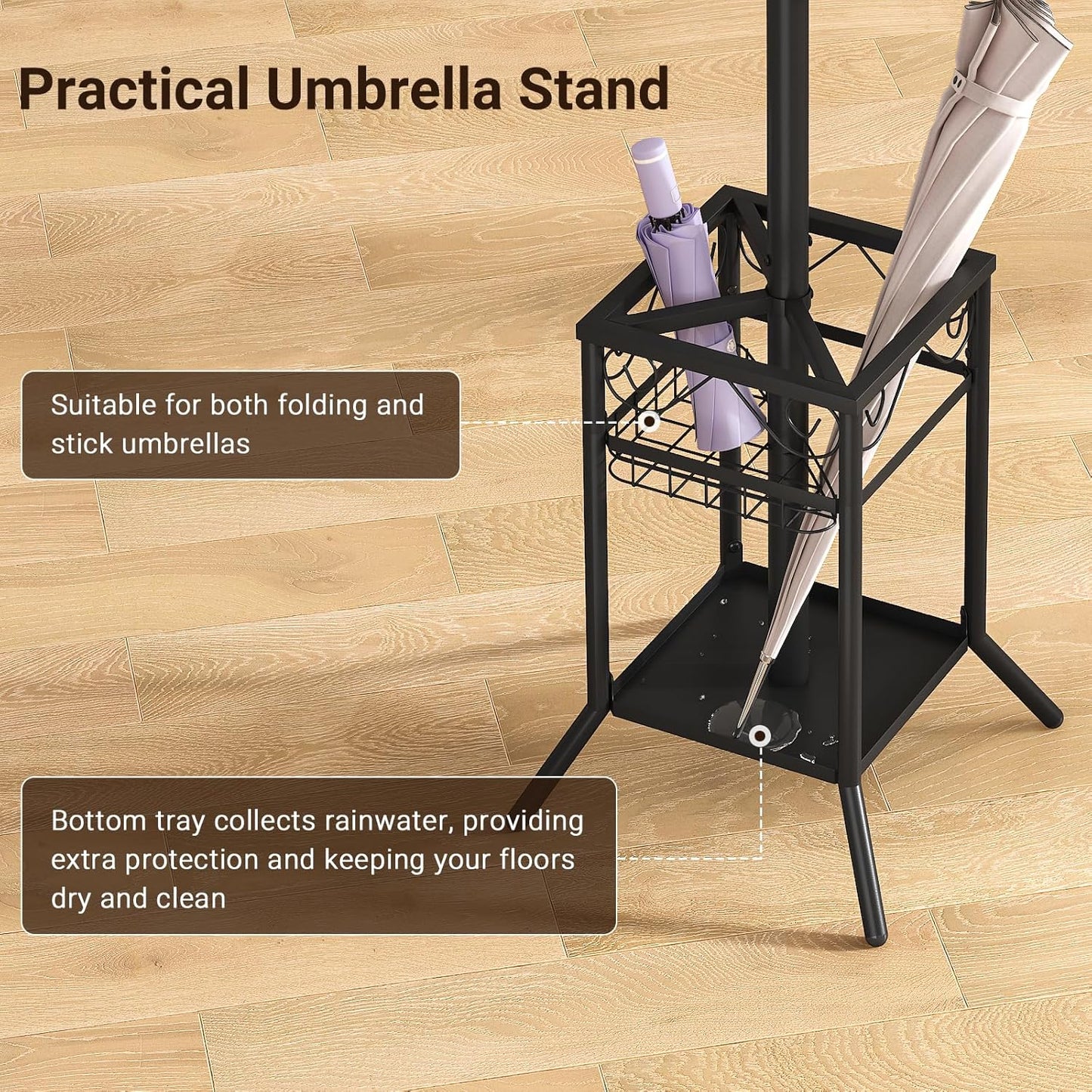 ELYKEN Coat Rack Freestanding, Metal Coat Rack Stand with Umbrella Holder, Modern Coat Tree with 12 Hooks, Floor Standing Corner Hall Tree for Entryway Living Room Bedroom Office, Black