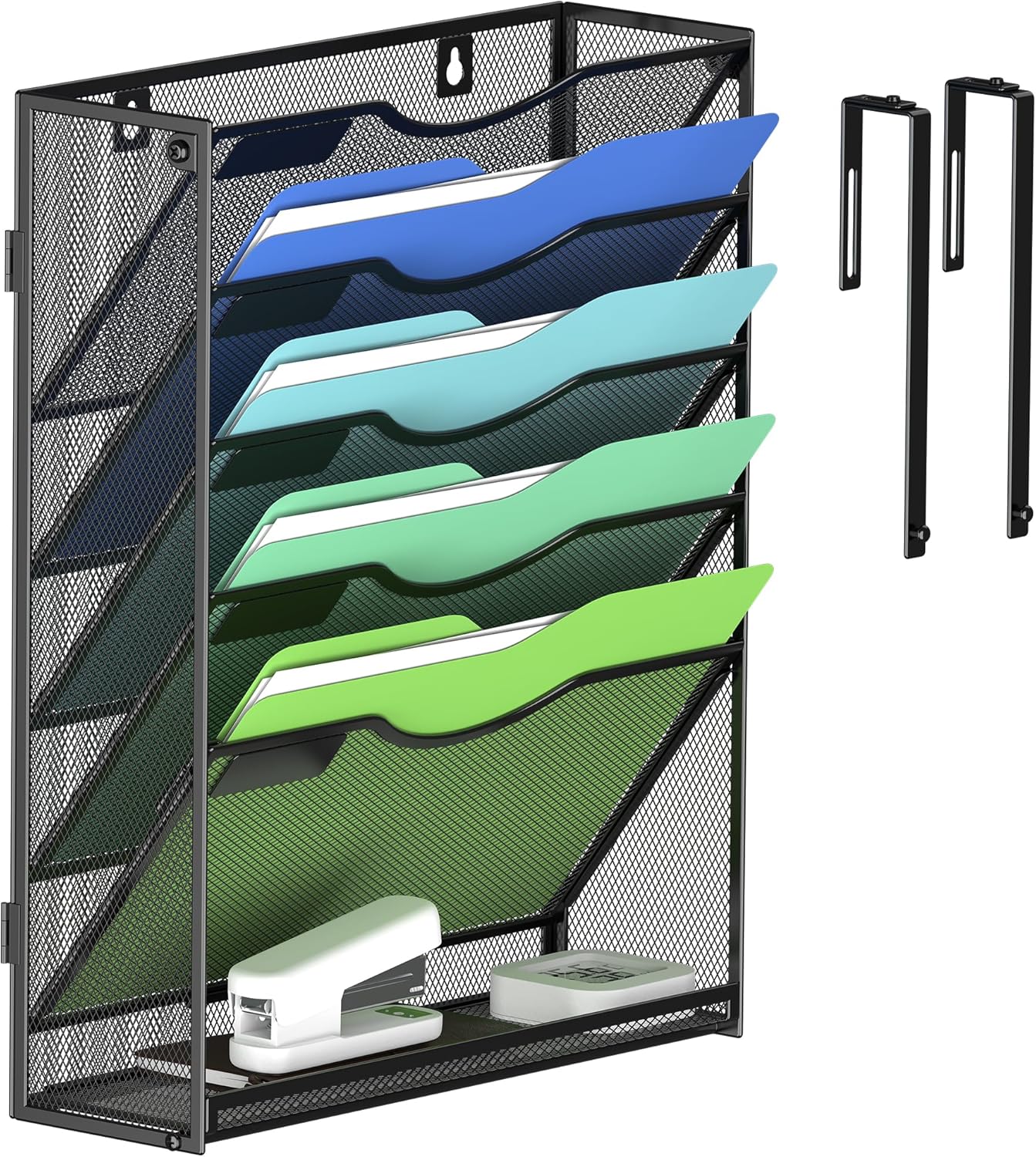 Kuntine.B Wall File Organizer Office Hanging Magazine Holder Wall File Organizer for Office Home (Black, 6 Tier & Hangers)