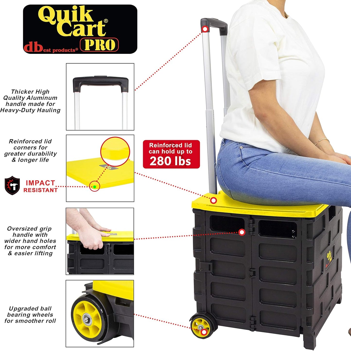 dbest products Quik Cart Pro Wheeled Rolling Crate Teacher Utility with seat Heavy Duty Collapsible Basket with Handle, Yellow