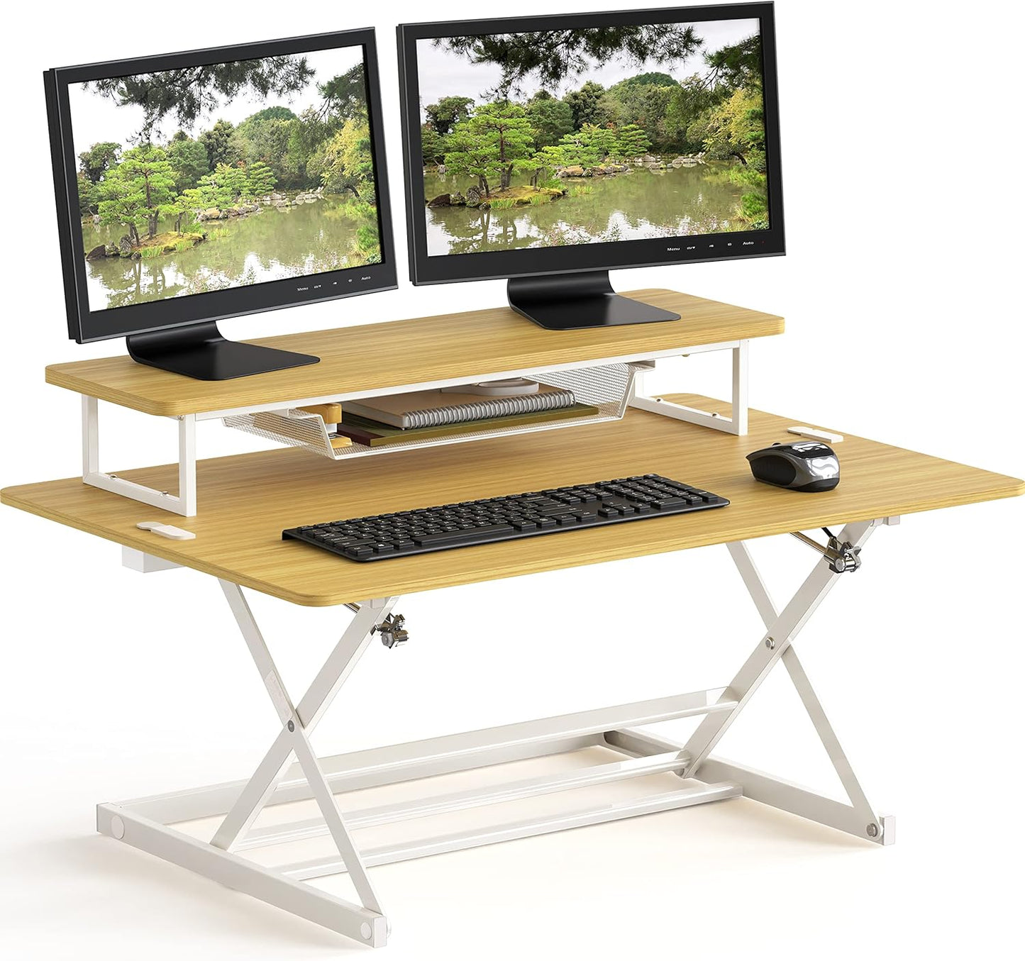 SHW 36-Inch Over Desk Height Adjustable Standing Desk with Monitor Riser, Oak