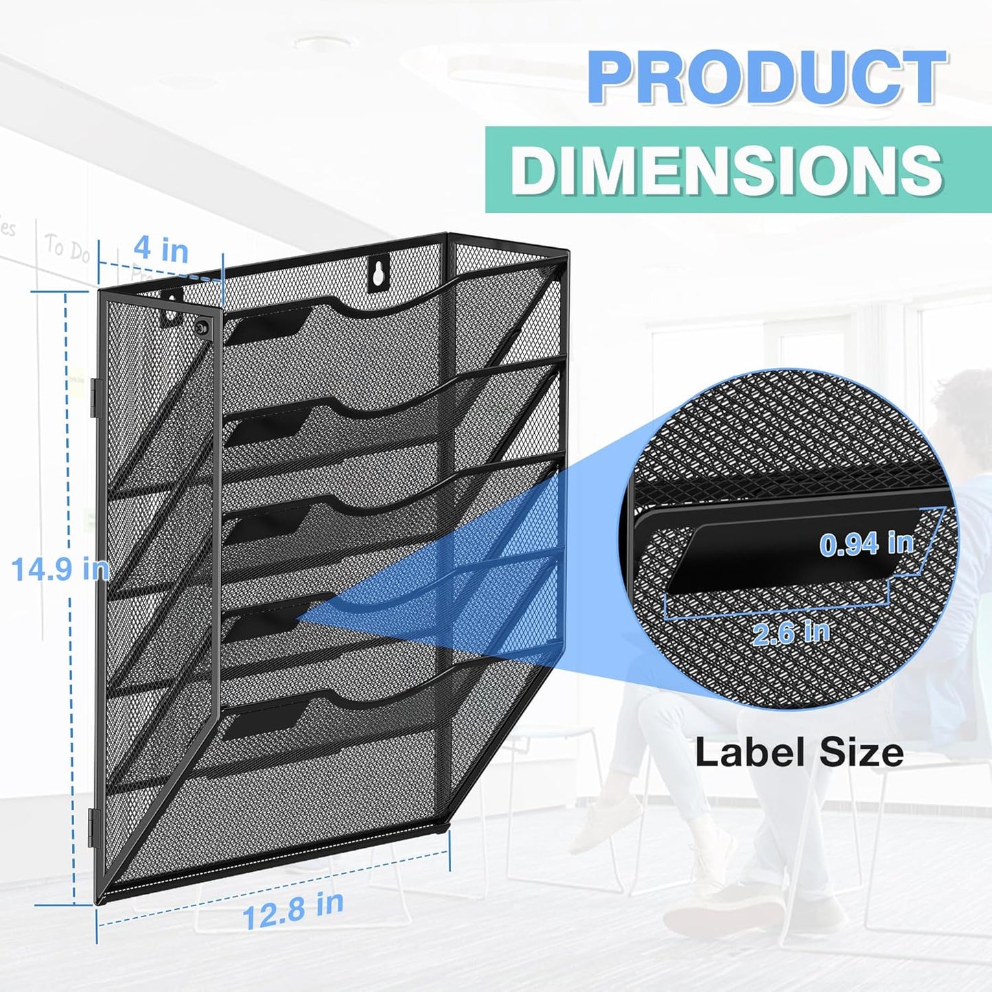 Kuntine.B Wall File Organizer Office Hanging Magazine Holder Wall File Organizer for Office Home (Black, 5 Tier & Hangers)