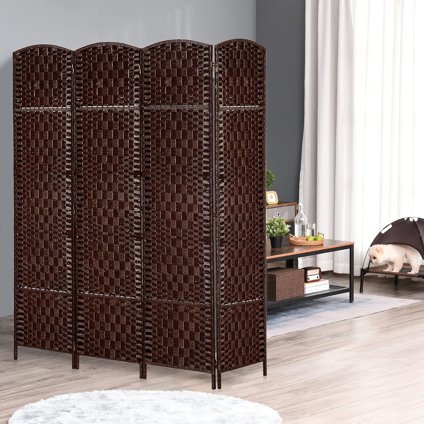 HOMCOM Room Divider 4 Panels Folding Privacy Screen 6FT Tall Portable Wicker Weave Partition Wall Divider for Bedroom Home Office, Brown