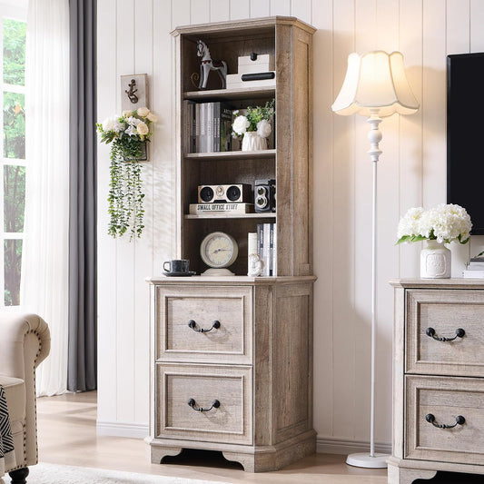 T4TREAM 6-Tier Bookcase with 2 File Drawers, 72" Tall Farmhouse Bookshelf with Storage & Adjustable Shelves, Wooden Floor Standing Display Book Shelf Organizer for Home Office, Light Rustic Oak