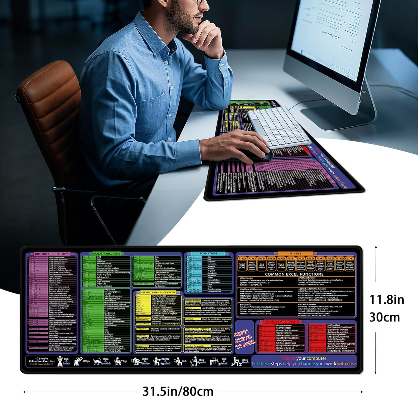 All-in-One Office & Gaming Mouse Pad: Excel/Word/Power Point Mouse pad - XL Waterproof, Non-Slip Desk Mat with Stitched Edges 31.5 x 11.8inches x 3mm