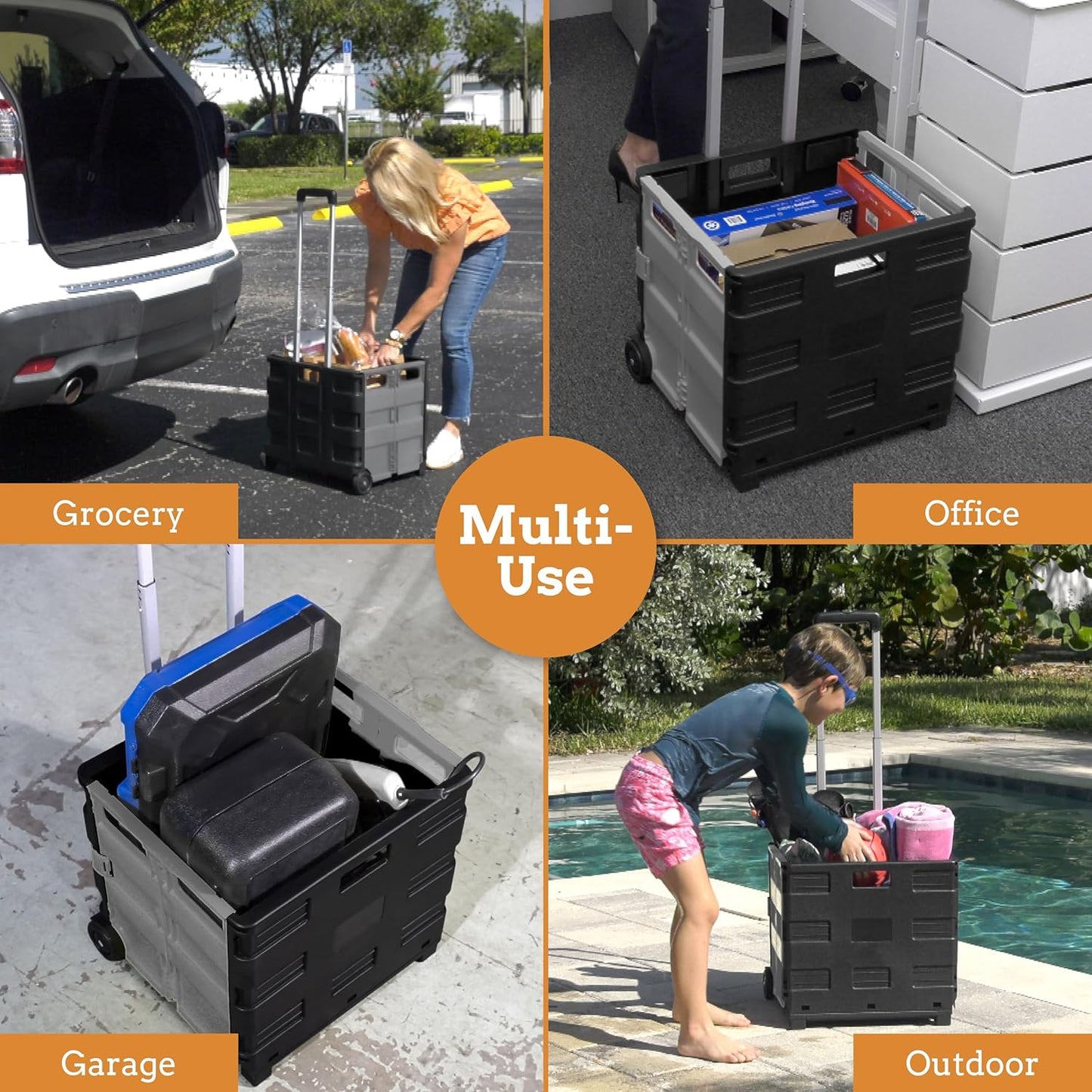 Inspired Living Ultra-Slim Rolling Collapsible Storage Pack-N-Roll Utility-carts, with Telescopic Handle, for Home, Garden, Shopping, Office, School use, Large, Grey & Black