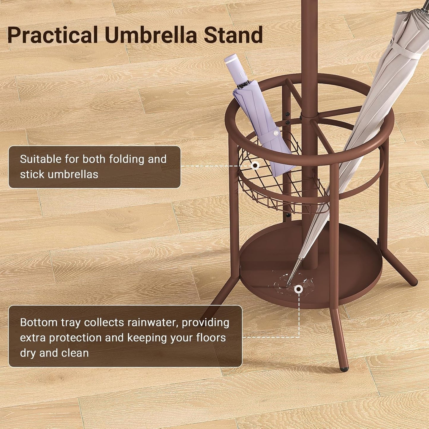 ELYKEN Coat Rack Freestanding, Metal Coat Rack Stand with Umbrella Holder, Modern Coat Tree with 12 Hooks, Floor Standing Corner Hall Tree for Entryway Living Room Bedroom Office, Brown