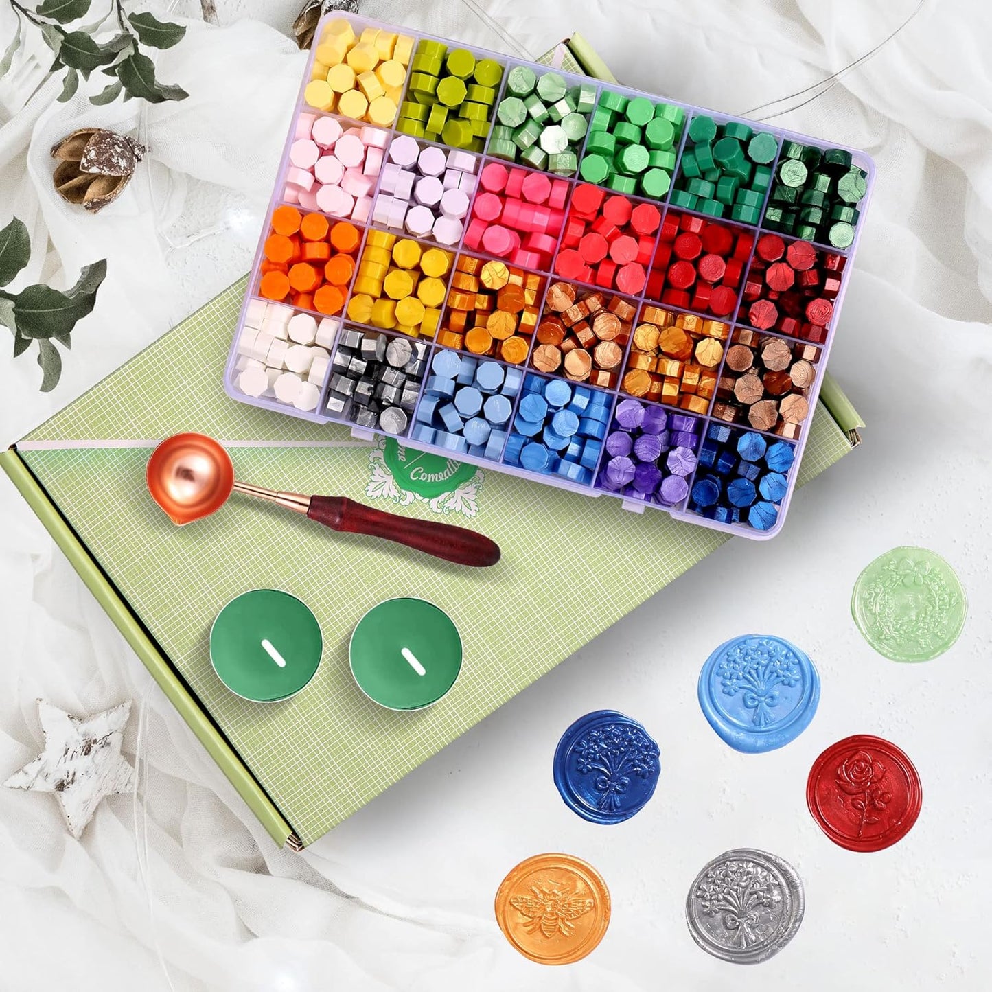 Comealltime 630Pcs 24 Colors Sealing Wax Beads, Colorful Seasons Theme Wax Seal Kit with 1Pcs Melting Spoon, 10Pcs Tea Light Candles and Gift Box(Colorful Season)