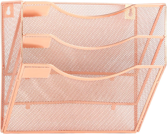 EASEPRES 3 Pocket Mesh Hanging Wall File Organizer, Wall Mounted Mail Paper Document Folder Holder, Clipboard Storage Organization Magazine Rack with Nametag Label for Office Home School, Rose Gold