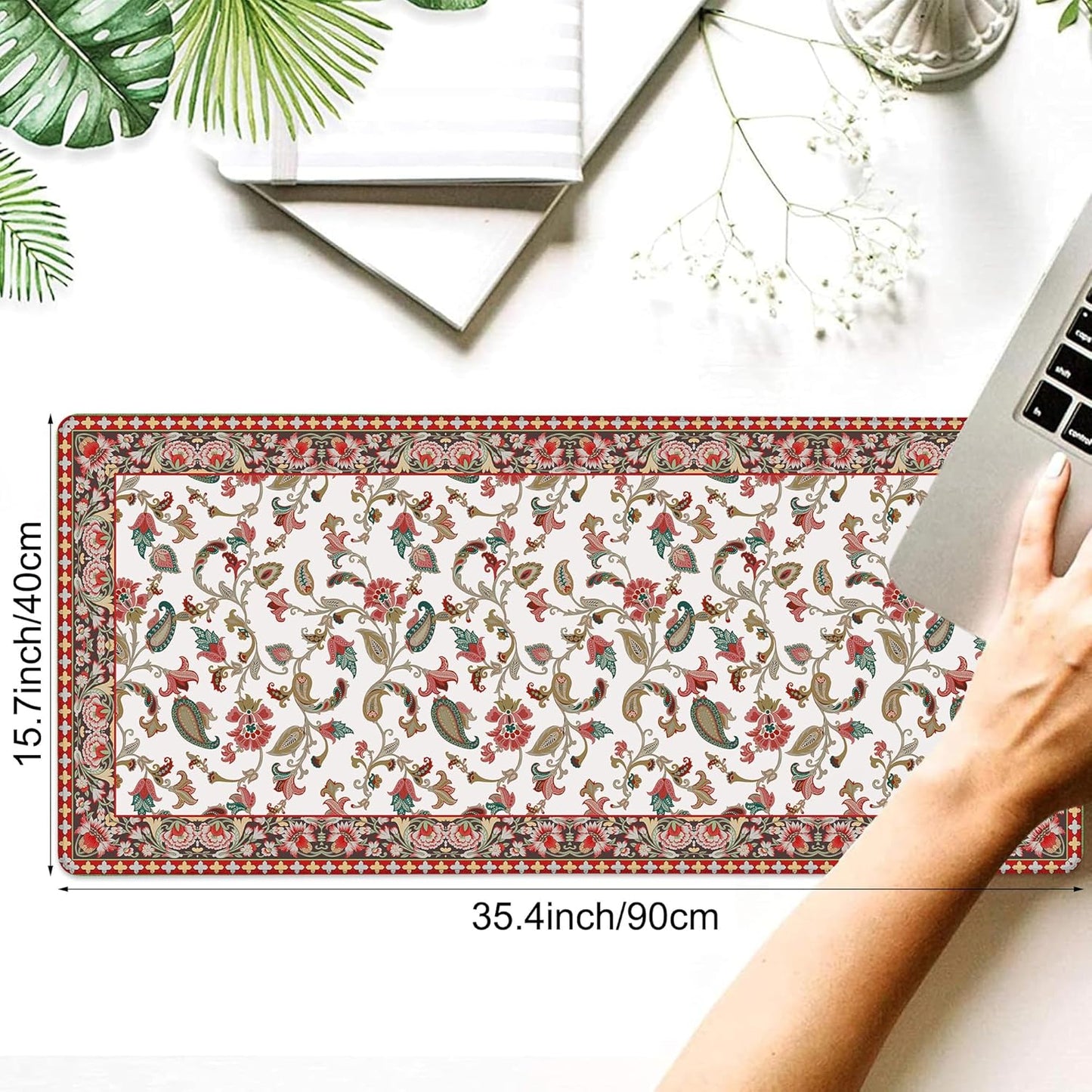 Desk Mat, Vintage Floral Large Gaming Mouse Pad with Non-Slip Base Stitched Edges,Desk pad for Keyboard and Mouse Home Office 35.4"x15.7"
