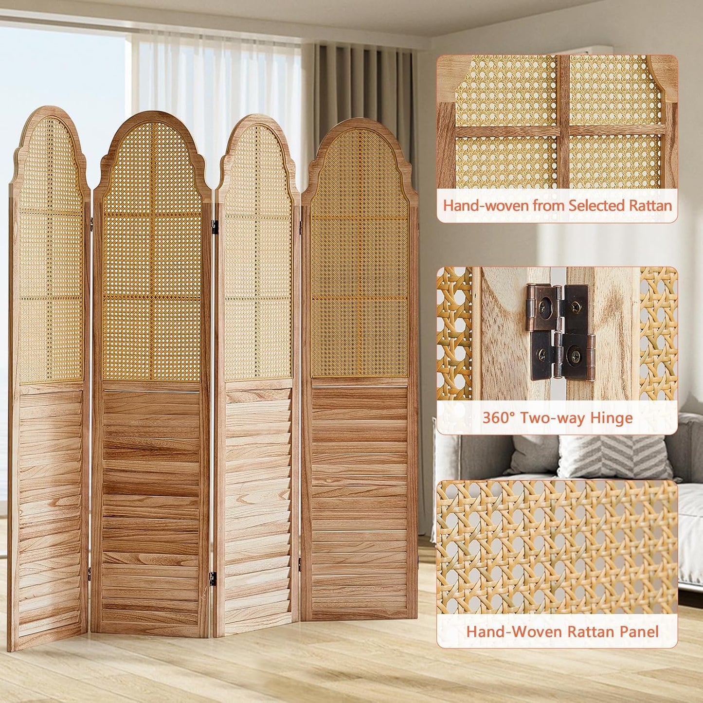 4 Panel Rattan Folding Screen Room Divider, Privacy Dividers for Rooms, Louvered Partition Dividers, Room Divider Panel for Bedroom, Dressing Room, Balcony, Light Brown