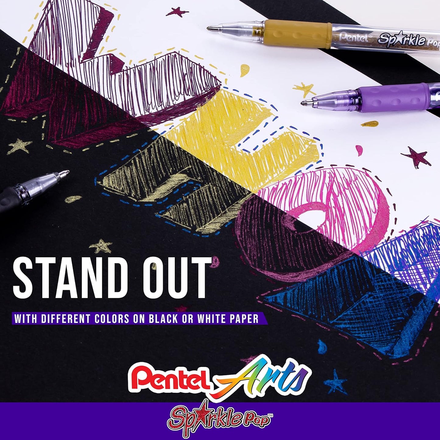 Pentel Arts Sparkle Pop Metallic Gel Ink Pen, 1.0mm Bold Line, Assorted Colors, Pack of 8 (K91PABP8M)