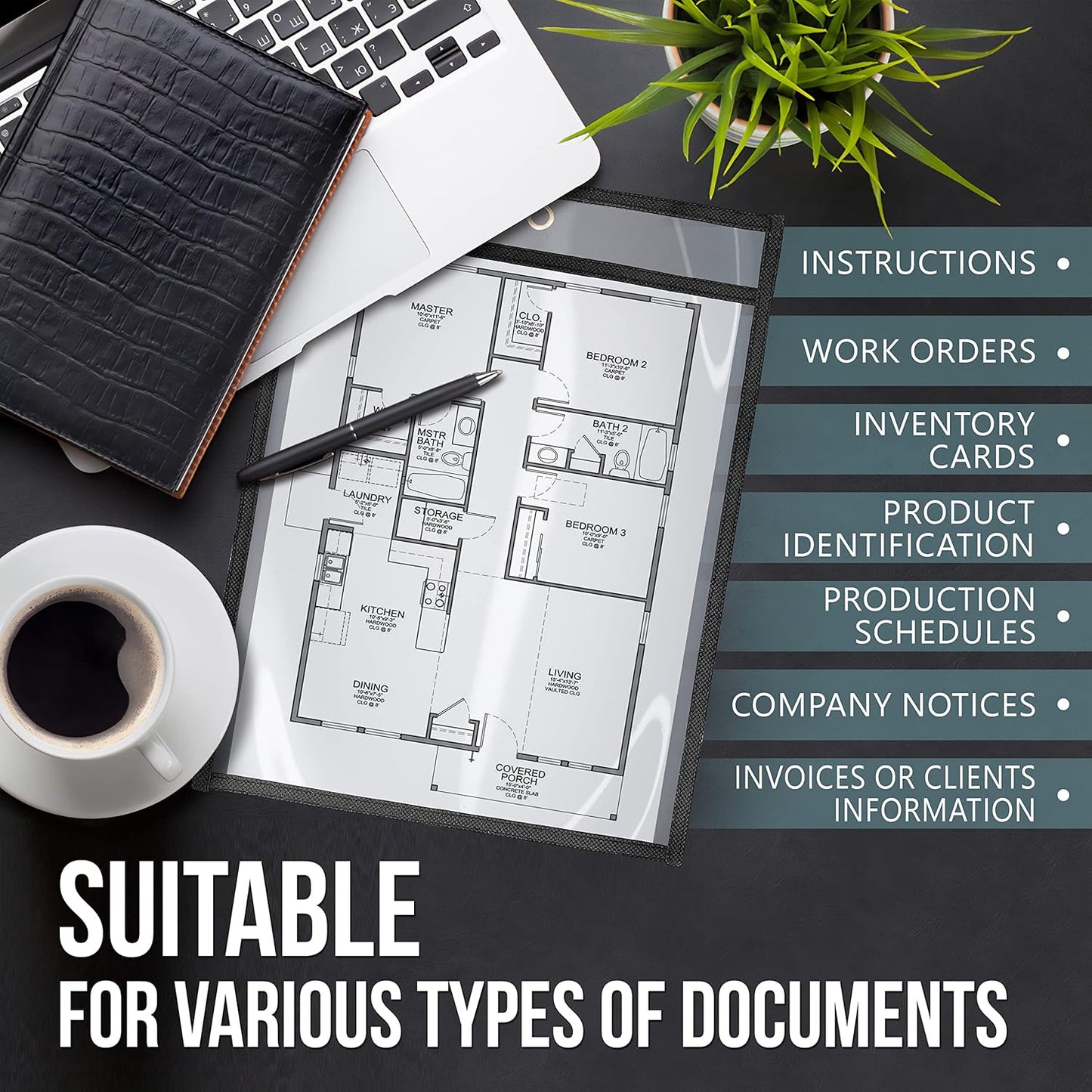 10 Pack Job Ticket Holders 9x12 - Reusable Dry Erase Pocket Sleeves for Shop, Office & Classroom - Clear Work Order Plastic Sleeves & Shop Ticket Holders with Hanging Eyelet