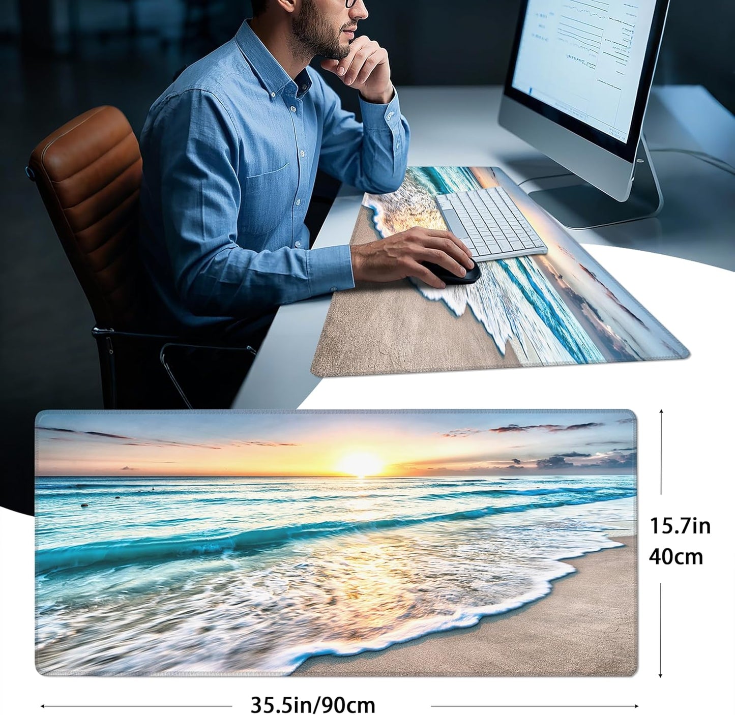 Mouse Pad with Beach View – Sunrise Scenery Desk Pad – Portable Computer Mousepad – Gaming, Office, Waterproof, Non-Slip, Stitched Edges 35.5 x 15.7inches x 3mm