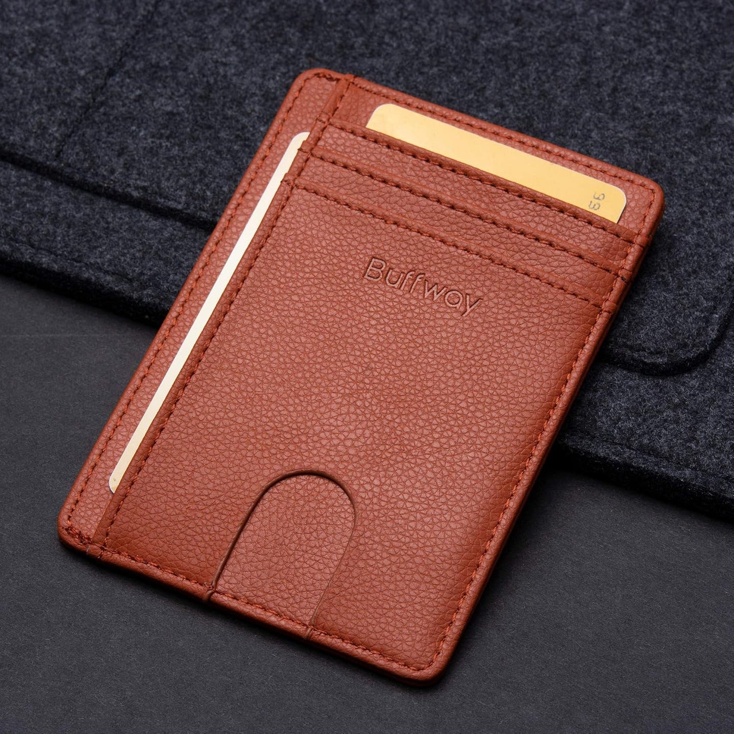 Buffway Slim Minimalist Front Pocket RFID Blocking Leather Wallets for Men and Women - Lichee Light Brown