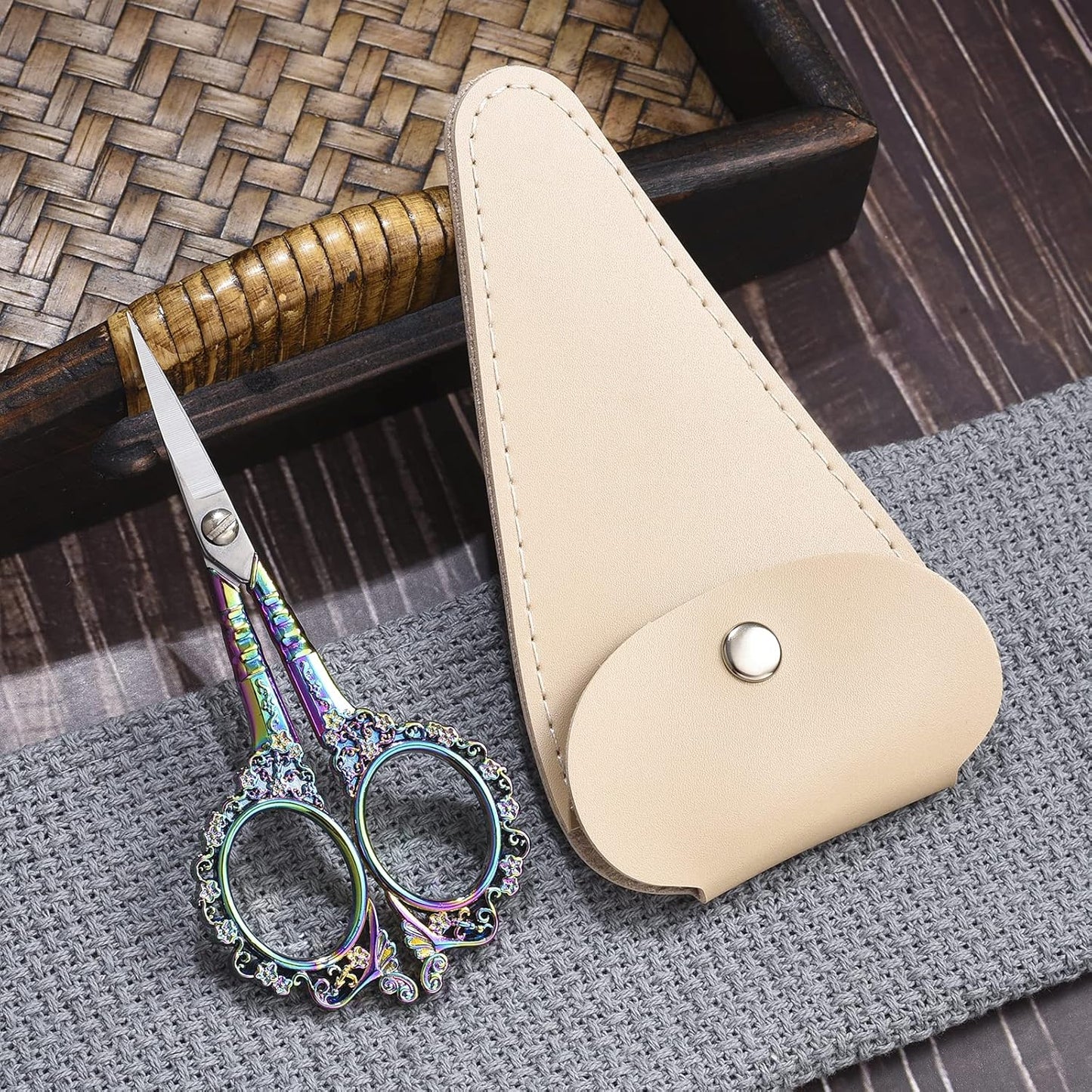 Embroidery Scissors, 4.5in Small Sharp Pointed Tip Vintage Detail Shears with Sheath for Craft, Sewing, Thread Cutting, Artwork, Needlework Rainbow