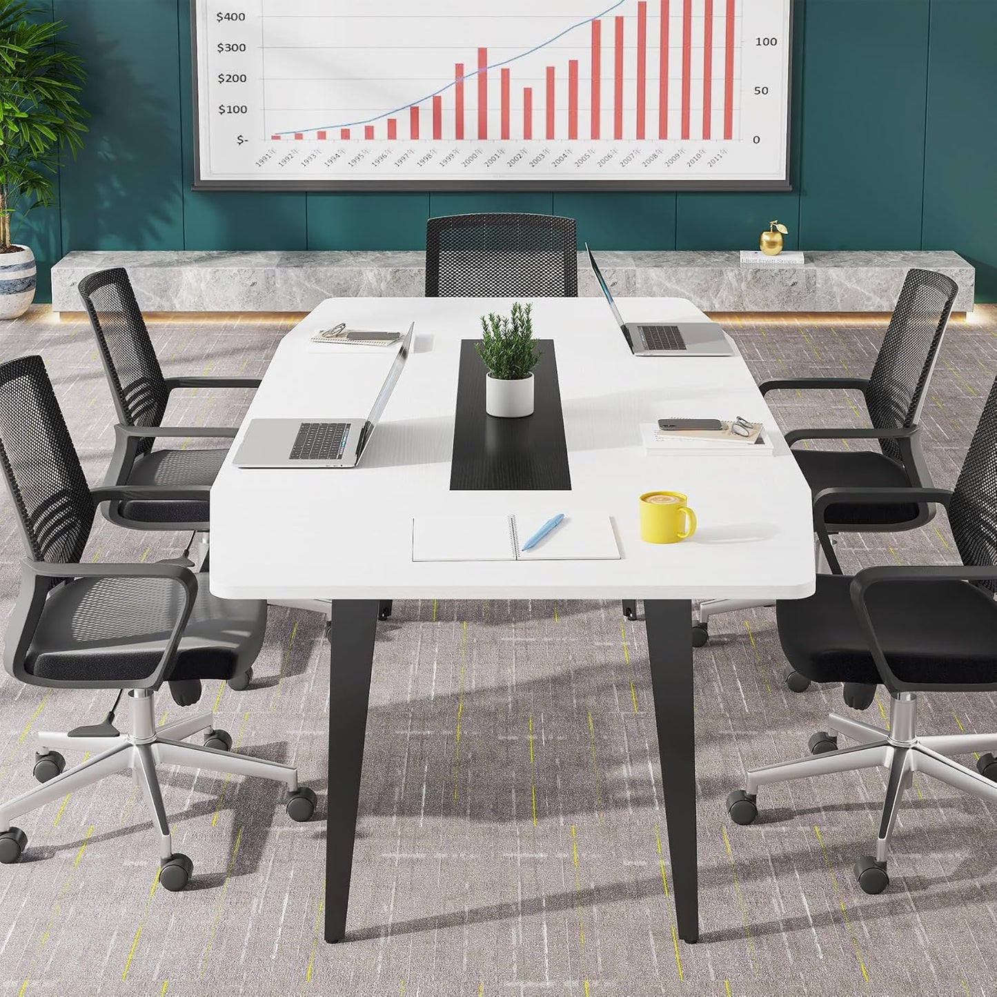 Tribesigns 6FT Conference Table, 70.86L x 35.43W x 29.52H Inches Boat Shaped Meeting Table, Modern Seminar Table for Office Meeting Conference Room (6ft, White & Black)