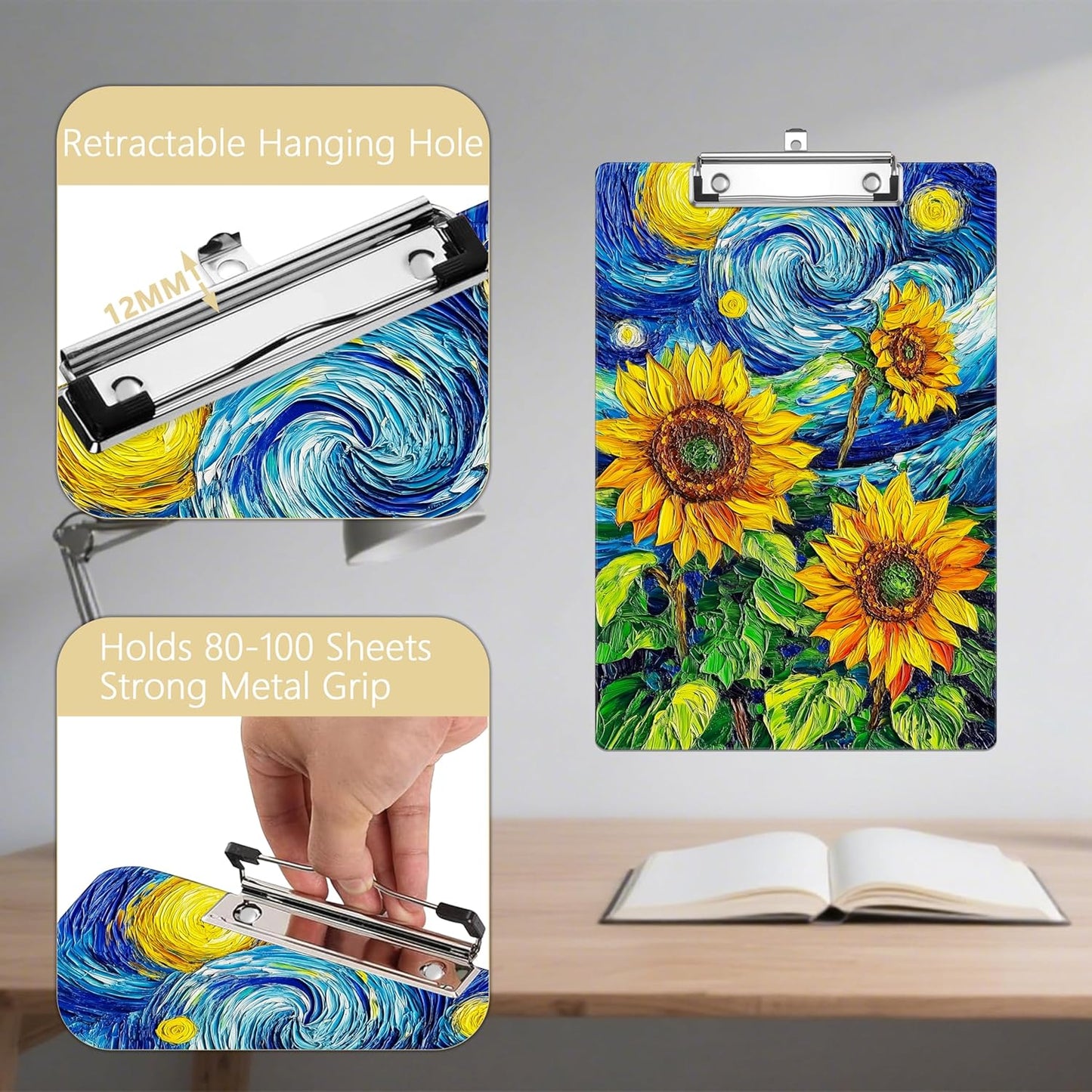 Sunflower Plastic Clipboards,Decorative Plastic Acrylic Clipboard for Teacher Social Worker Students Office Supplies 8 * 12
