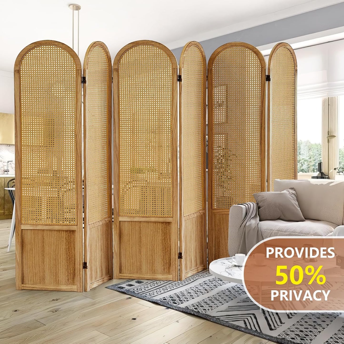 6 Panel Room Divider and Folding Privacy Screen, 5.6 Ft Foldable Double Hinged Rattan Partition, Hand-Woven Rattan Room Divider Portable Wood Freestanding Wall Divider for Room Separation - Natural