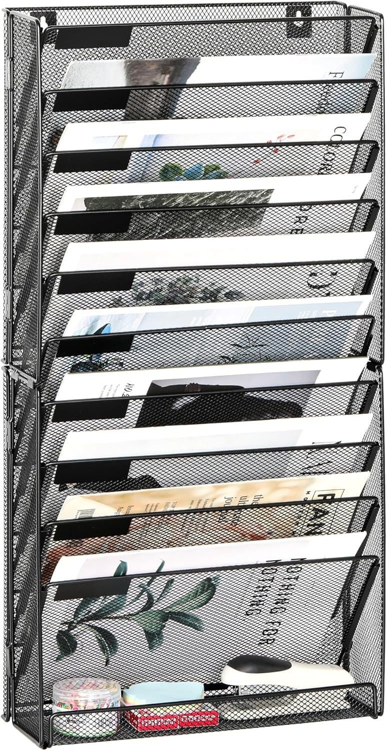 EasyPAG 11 Tier Wall File Holder with Flat Tray, Black | Easy Assemble Mesh Desk File Organizer | 10-Folder Paper Storage | Replaceable Classify Labels | Space Saving Mail Organizer for Office Home