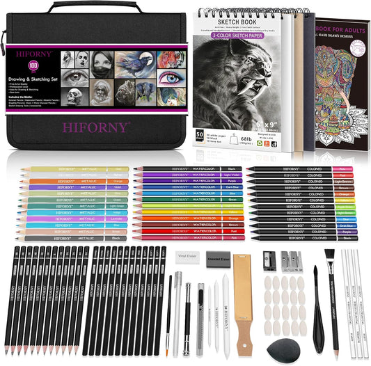 HIFORNY 100 PCS Drawing & Sketching Set, Professional Art Supplies with Graphite,Charcoal, Colored,Watercolor,Metallic Pencils,Blending Tools,Sketchbook and Coloring Book in Zipper Case (Black)